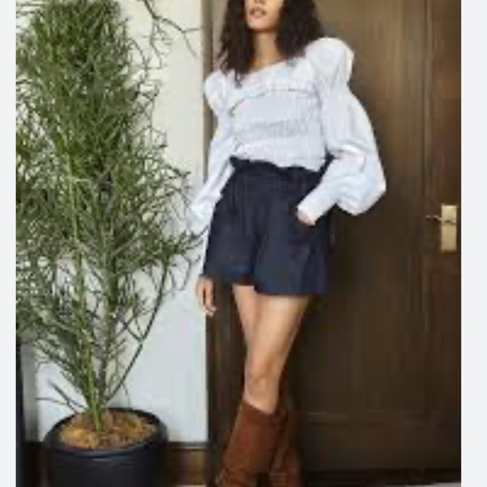 Choosy Dark Blue Paperbag Waist Drawstring Side Denim Shorts